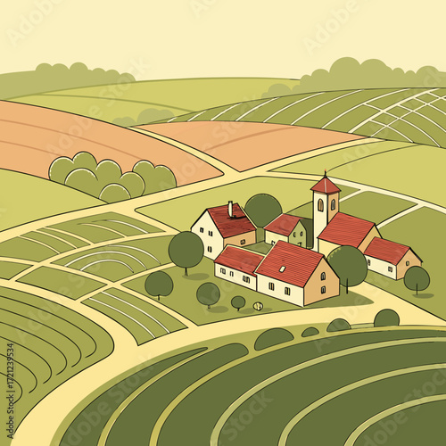 Vector art of rural landscape with fields, meadows, houses and church in summer day