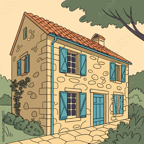 Vector art of stone house with blue shutters in a cartoon illustration in the countryside