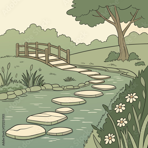 Vector art of stepping stones over stream with bridge in zen garden illustration