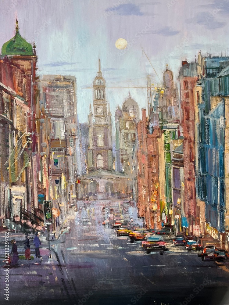 Naklejka premium Painting by the author «Night Downtown Glasgow». Oil painting on canvas. Oil paint texture with brush strokes. Modern art, cover design concept.