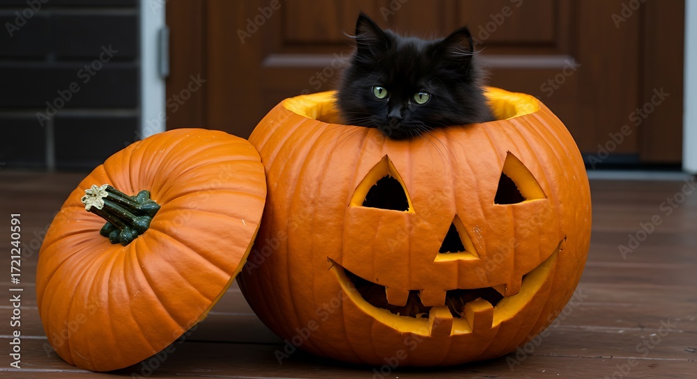 Obraz premium Black Cat Inside a Pumpkin