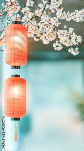 Elegant red lanterns hanging among delicate cherry blossom flowers in softly blurred indoor setting
