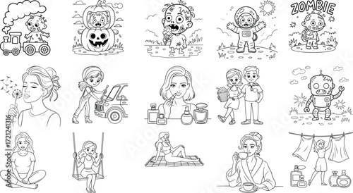 Collection of cartoon zombies and people depicted in various humorous and action packed situations as a line art drawing isolated on white background