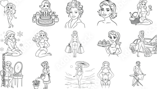 Diverse collection of vintage pin up girls in various playful poses and scenarios line art isolated on white background