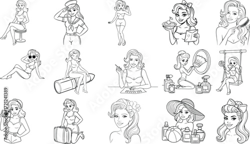 Collection of vintage pin up girls in various playful poses and activities rendered in classic line art style isolated on white background