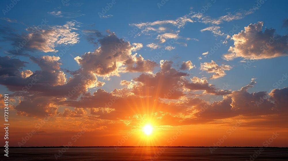 Fototapeta premium Vibrant Sunset Over a Serene Landscape with Colorful Clouds and Warm Sunlight Radiating Across the Horizon