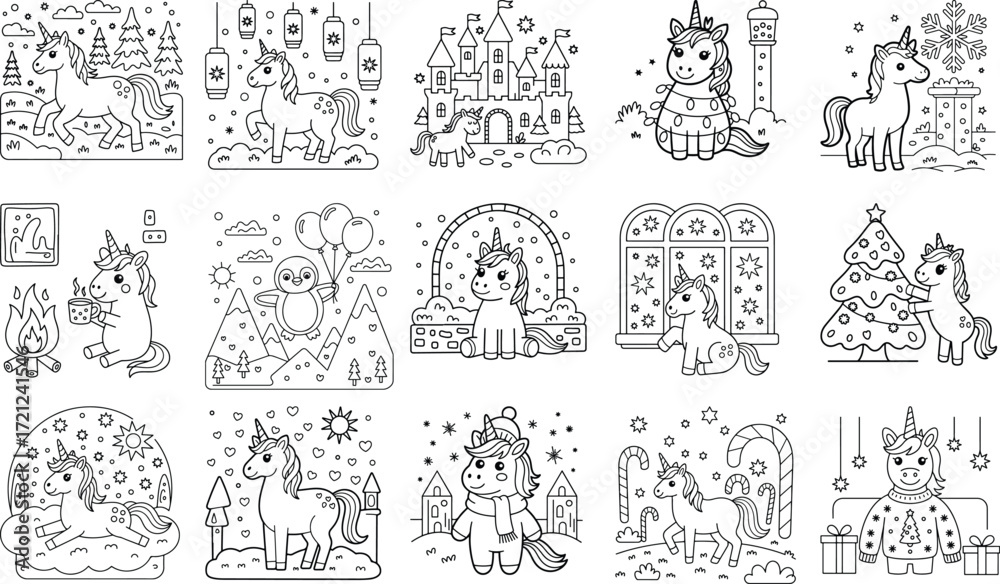 Fototapeta premium Charming cartoon unicorns celebrating festive and winter holidays in delightful scenes perfect for coloring and fantasy horse art isolated on white background