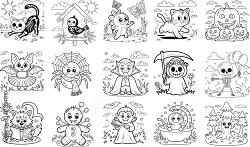Collection of halloween characters and creatures for coloring pages cartoon drawing isolated on white background