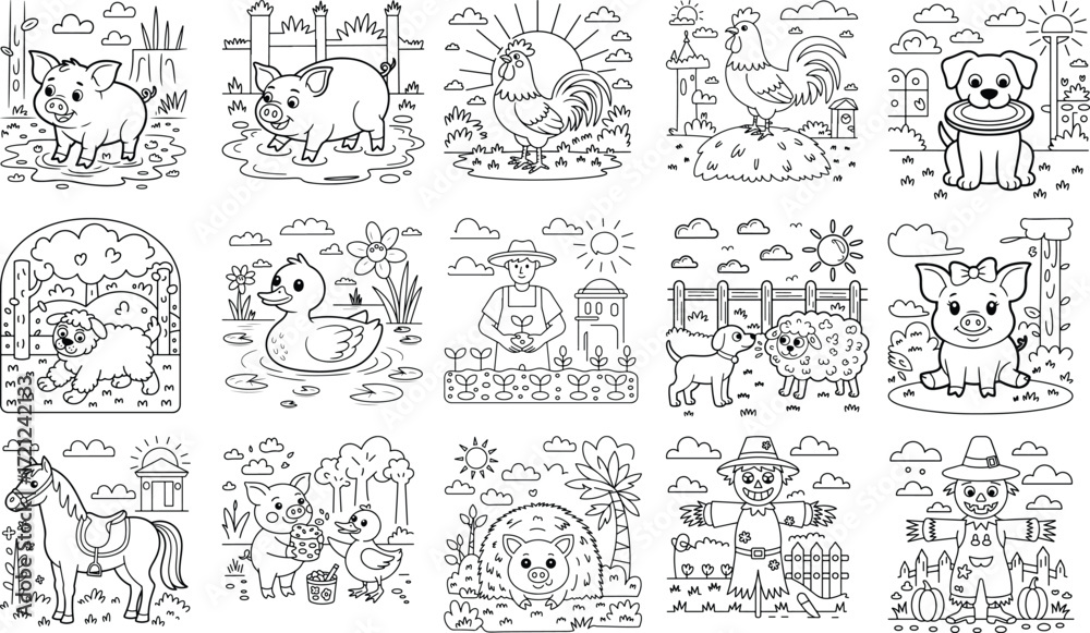 Obraz premium Charming collection of farm animals and characters for coloring pages featuring a cute piggy piglet isolated on white background