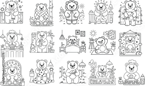 Adorable teddy bear illustration featuring cute outfits like scarves robes hoodies and baking activities isolated on white background