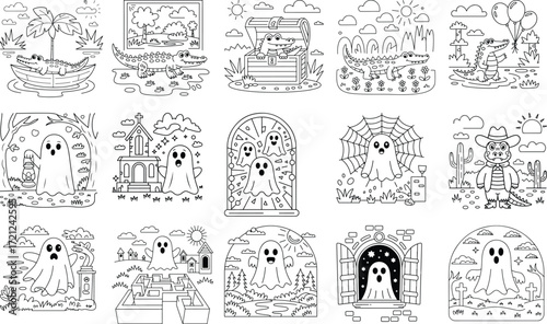 Halloween coloring pages featuring ghosts alligators spooky elements crocodile cowboy and other fun characters isolated on white background