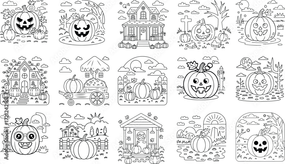 Obraz premium Collection of halloween coloring pages featuring spooky pumpkins and haunted houses isolated on white background