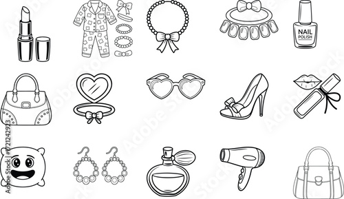 Charming assortment of cartoon beauty products fashion accessories and personal items for girls vector illustration isolated on white background