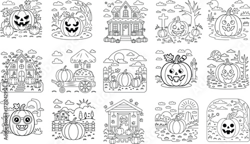 Collection of halloween coloring pages featuring spooky pumpkins and haunted houses isolated on white background