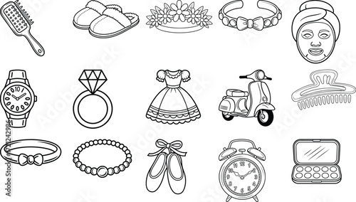 Charming cartoon collection of beauty and personal care essentials for girls and women isolated on white background
