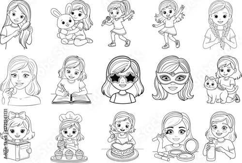 Collection of diverse cartoon girl characters engaged in various hobbies and creative activities isolated on white background