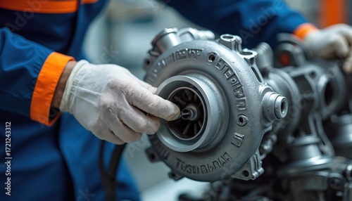 Mechanic wears gloves, securing turbocharger housing in workshop. Automotive engineering, precision assembly of metal part for vehicle performance, maintenance, repair industry. Skilled technician