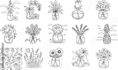 Assorted line art illustrations of flowers in jars and vases with botanical elements and bottles isolated on white background