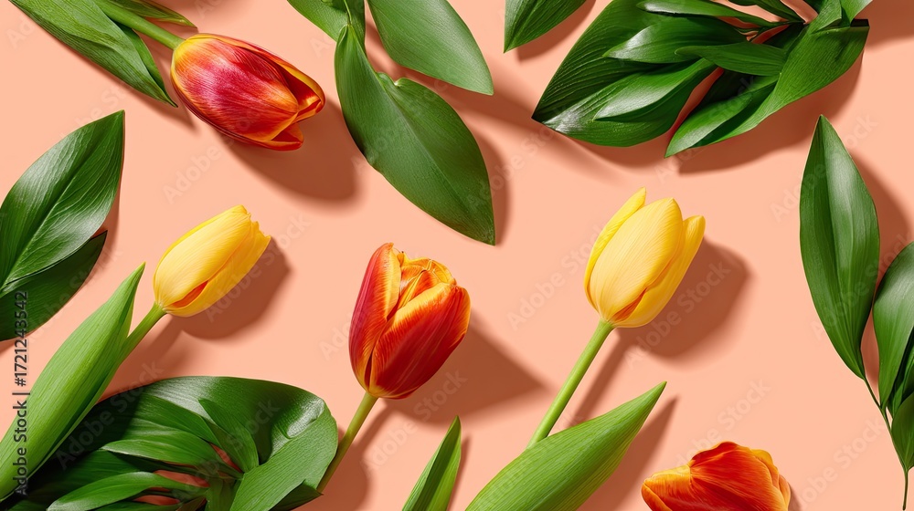 Obraz premium Colorful Tulips and Green Leaves on Soft Pink Background for Spring Floral Composition
