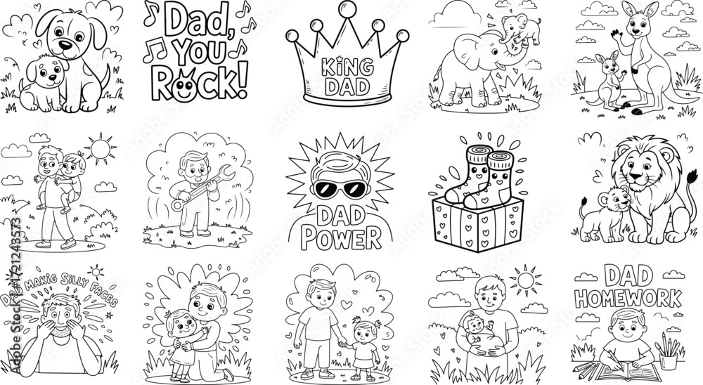 Fototapeta premium Father s day coloring pages featuring dads kids animals and heartwarming fun messages isolated on white background