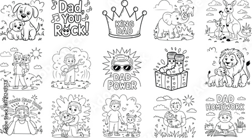 Father s day coloring pages featuring dads kids animals and heartwarming fun messages isolated on white background