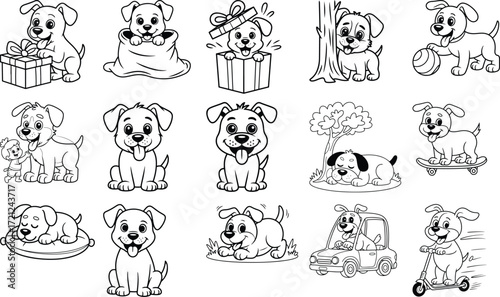 Charming cartoon puppy dog illustrations depicting various playful poses and fun activities isolated on white background