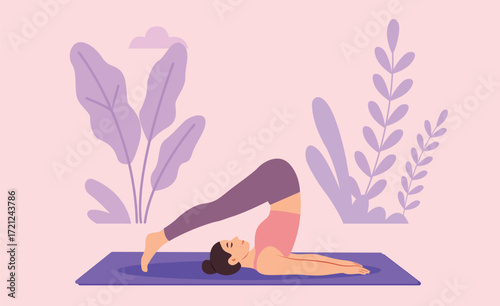 Woman Practicing Plow Pose Yoga on Mat – Healthy Lifestyle and Fitness Illustration