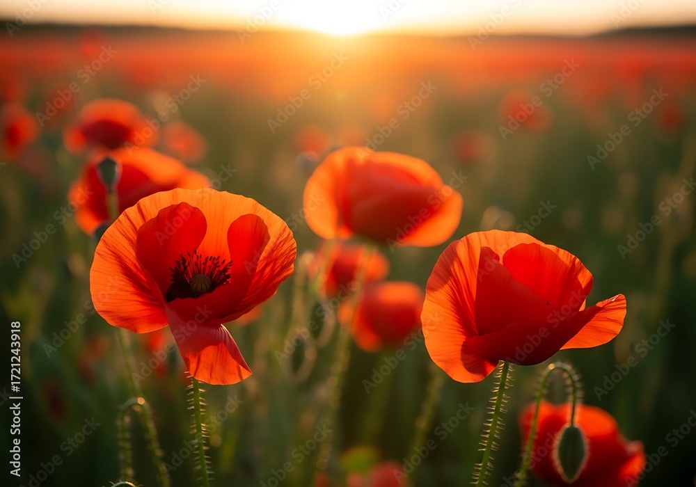 Obraz premium A vibrant field of red poppies bathed in warm sunset light.