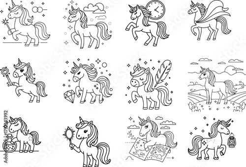 Magical unicorns collection line art coloring pages with various objects and scenes isolated on white background