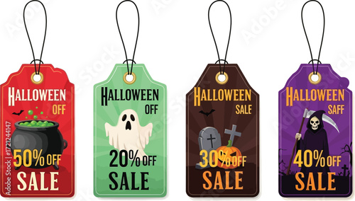 Festive Halloween sale tags offering discounts with spooky holiday icons