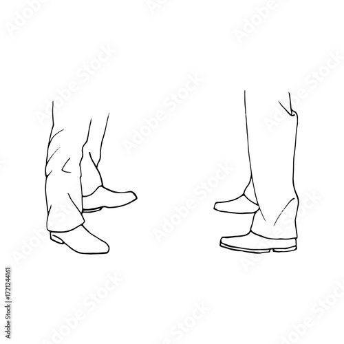 Men standing opposite each other, close-up of their feet in shoes - hand drawn line art drawing