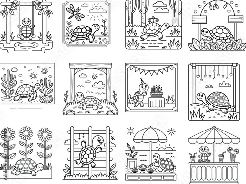 Charming cartoon turtles engaged in delightful outdoor adventures and festive celebrations coloring page design isolated on white background