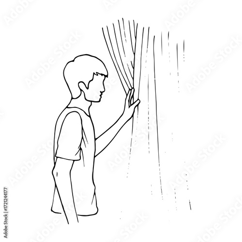 Faceless portrait of a man pulling back a curtain or drape - Hand-drawn line art drawing