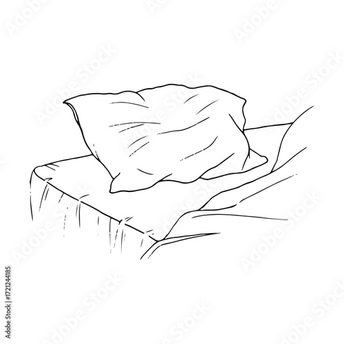 Close up of a section of an open bed, pillow, and blanket slightly pulled back - hand drawn line art drawing