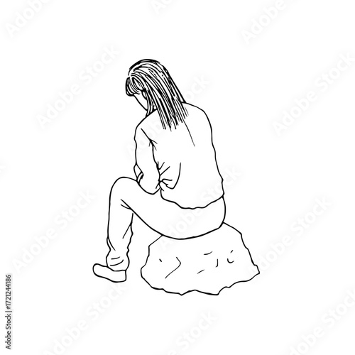 A young woman sitting on a rock, seen from the back, her head bowed forward - hand drawn line art drawing