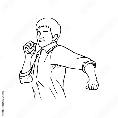 A man swings a rock in his hand, an angry grimace on his face - hand drawn line art drawing