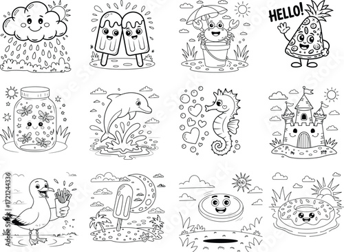 Whimsical cartoon characters and summer themed objects outline illustrations for coloring pages isolated on white background