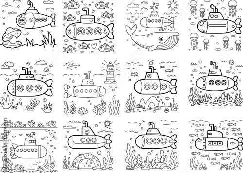 Charming cartoon submarines exploring vibrant underwater scenes with playful marine life and a detailed shell pearl isolated on white background