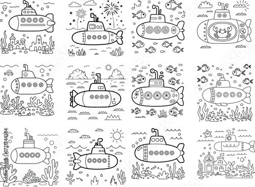 Collection of charming cartoon submarines and diverse underwater scenes perfect for coloring ocean fish and marine life adventures isolated on white background