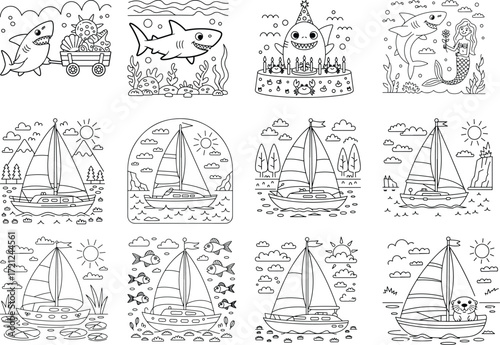 Charming children s coloring pages featuring a whimsical shark and mermaid in underwater and sailing scenes isolated on white background