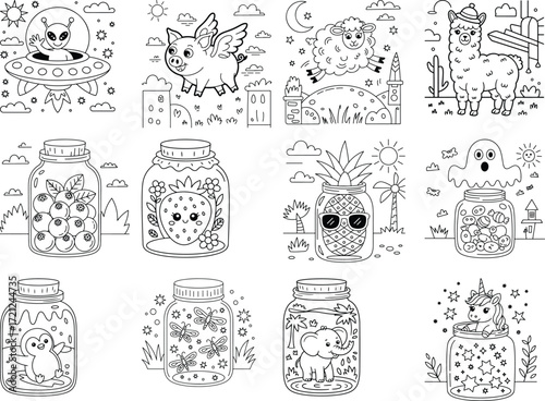 Whimsical coloring page featuring cartoon aliens flying pigs sheep llamas and a jar themed character isolated on white background
