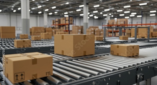 Parcels on Conveyor Belt – Automated Package Sorting in Logistics Warehouse 