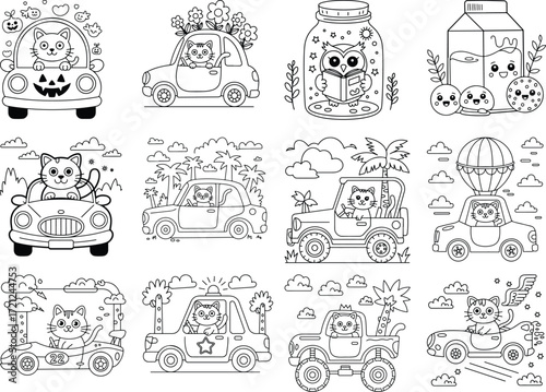 Charming cartoon cats enjoying whimsical adventures in vehicles and delightful settings for coloring isolated on white background