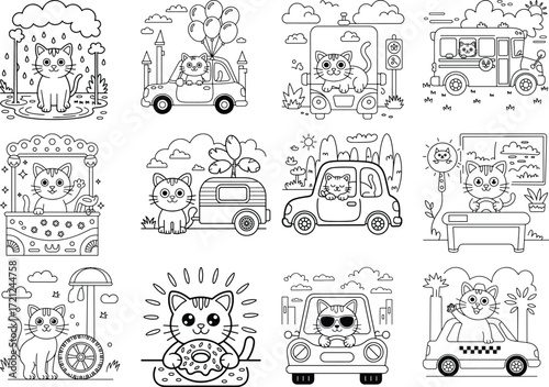 Charming whimsical cartoon cats engaged in fun activities driving vehicles and participating in everyday scenarios isolated on white background
