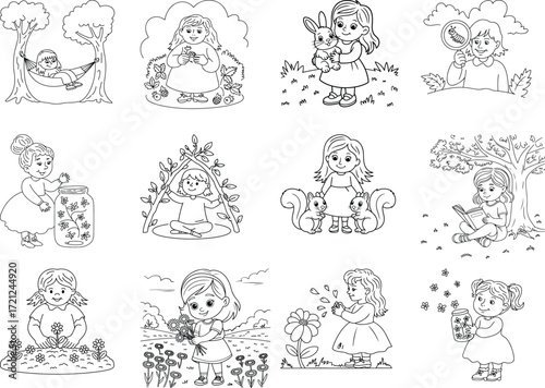 Charming line art illustration of a young girl joyfully interacting with nature and animals isolated on white background