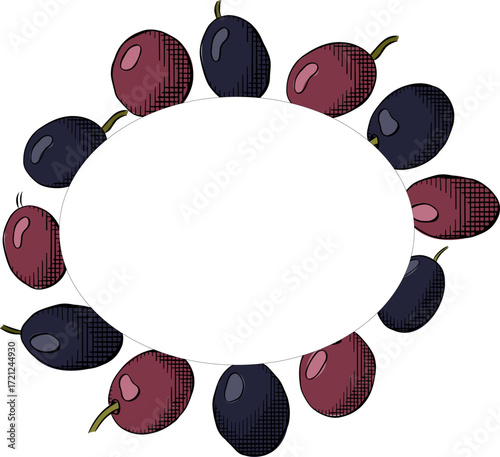 Olive black berry Oval template. Vector graphic line ink colored illustration. Silhouette sign for logo, print, comics, fashion, pop art, boards, design, stickers, decoration, posters