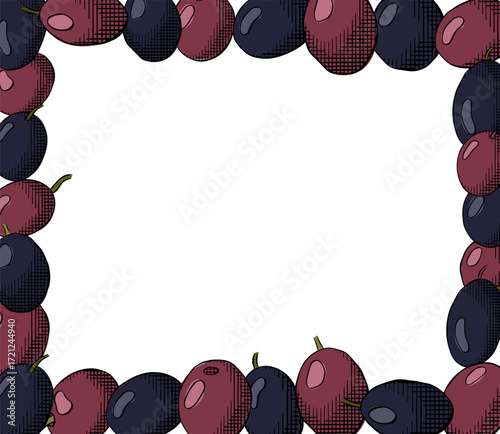Olive black berry rectangle frame template. Vector graphic line ink colored illustration. Silhouette sign for logo, print, comics, fashion, pop art, boards, design, stickers, decoration, posters
