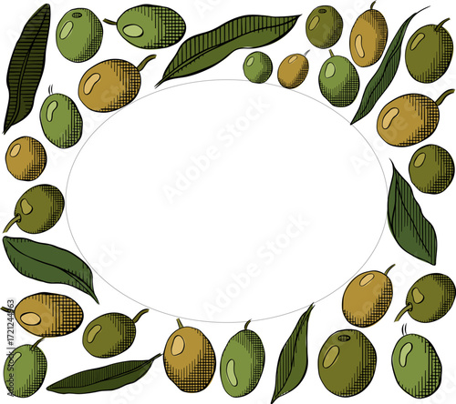 Olive oil design template. Olive green berry and leaves Oval rectangle frame template. Vector graphic line ink colored illustration. Banner, product packaging, design concept.