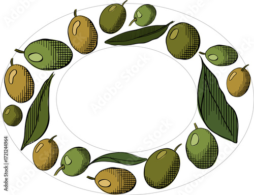 Olive green berry and leaves Oval frame template. Vector graphic line ink colored illustration. Healthy food, natural organic cosmetics for invitation, label, advertisement, packaging.