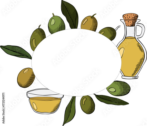 Olive oil, green berry and leaves Oval frame template. Vector graphic line ink colored illustration. Leaves and berry round frame. Extra virgin olive oil emblem, logo.